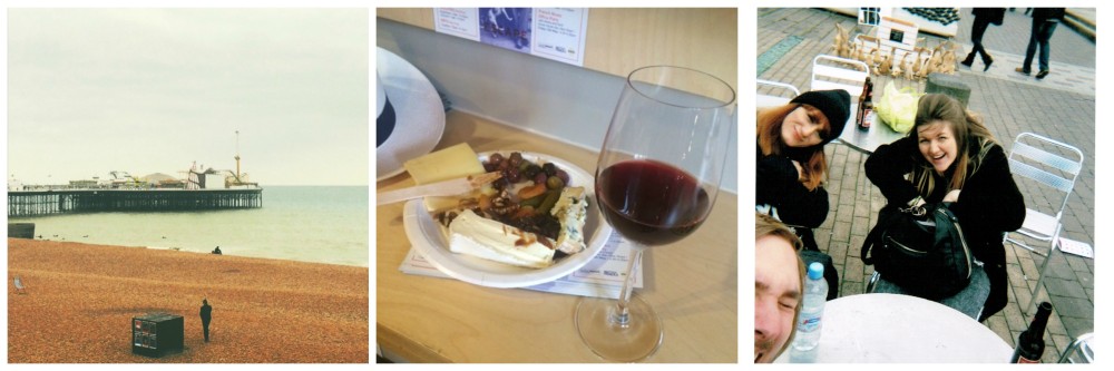 L-R: Brighton beach, M.D Mel's cheese and wine feast, Fed, Sam and Marietta bracing the beach breeze